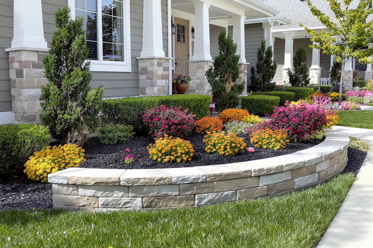 beautifully arranged front yard flower bed